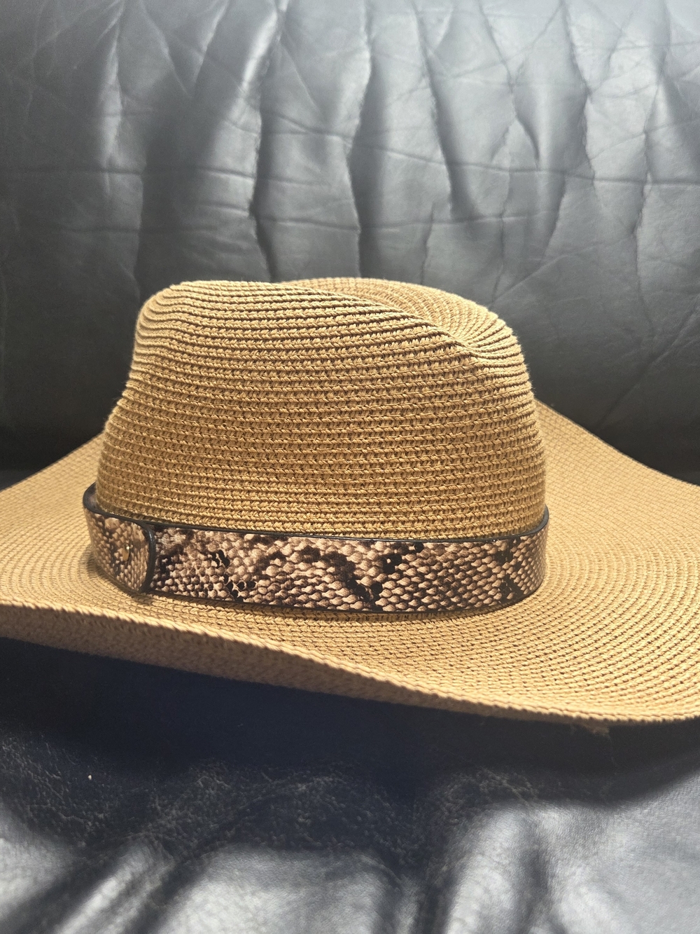 Wide Brim Straw Fedora Hat with Snake-Print Band - Tan - Picture 1 of 4